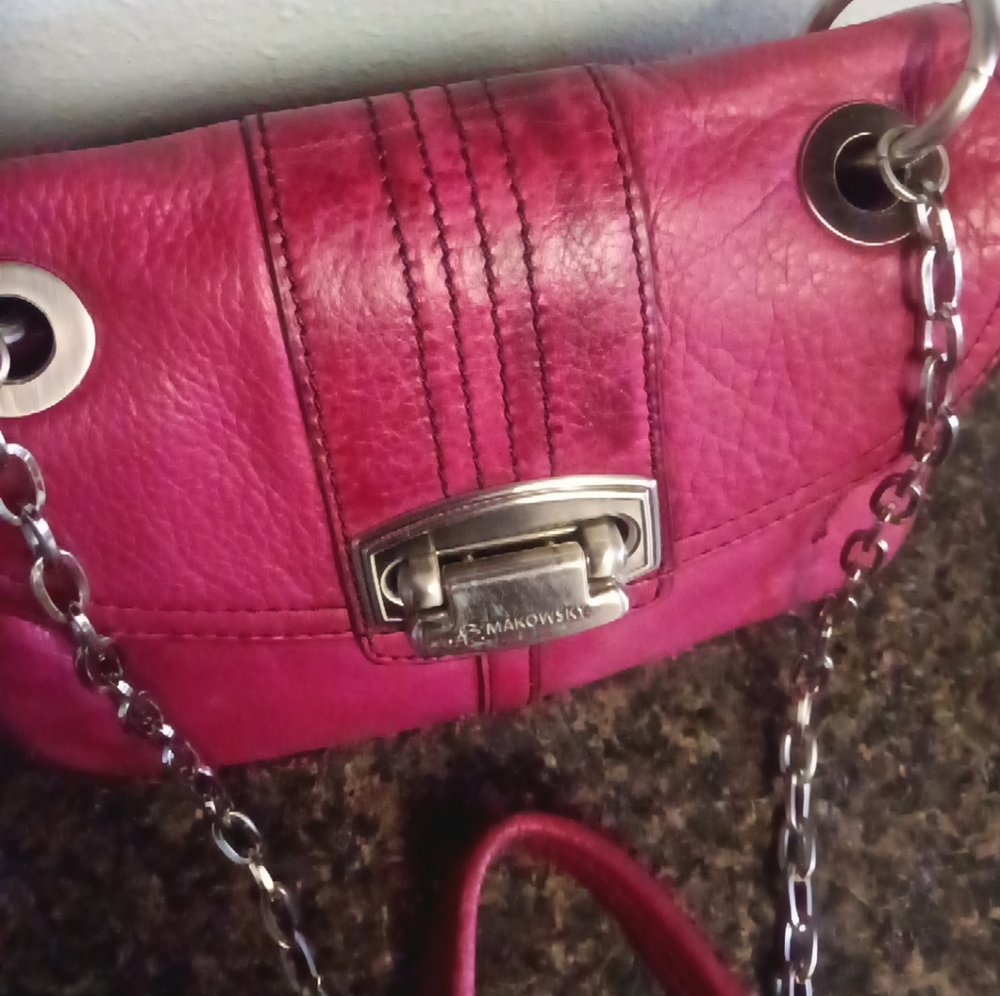 B. Makowsky Purple Pebbled Genuine Leather Crossbody Shoulder Bag w/ Chain Strap